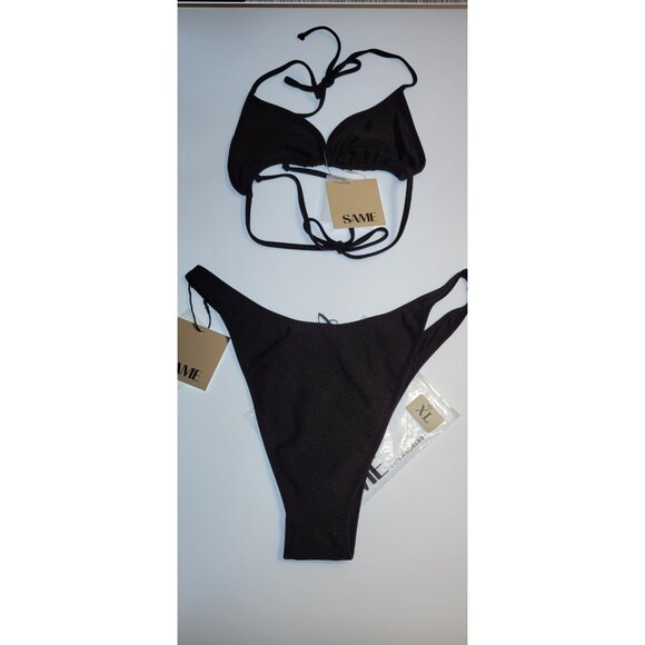 SAME Los Angeles Swim Bikini Set 2Pc Triangke Top High Weist Bottom Black XLarge - Picture 7 of 9